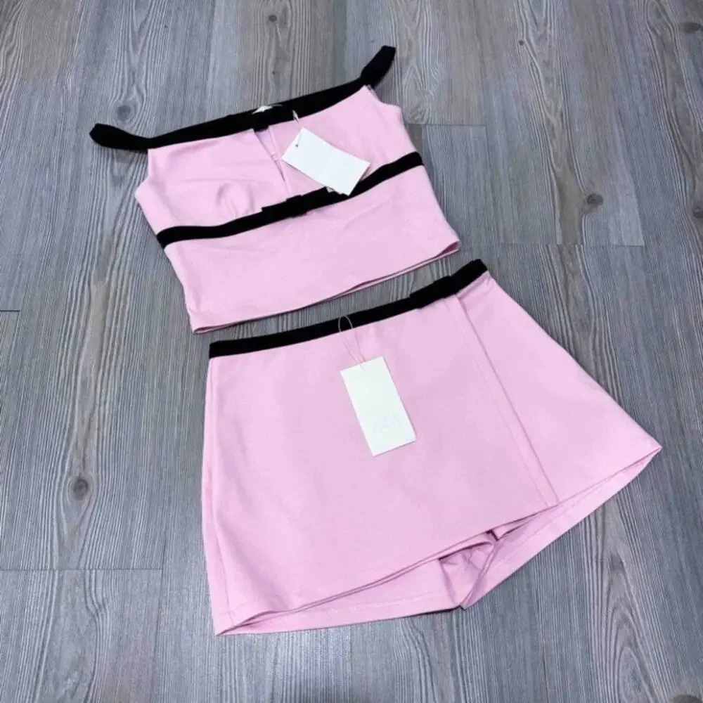ZARA Pink Skort Set NWT Off Shoulder Crop Top Matching Set Size L